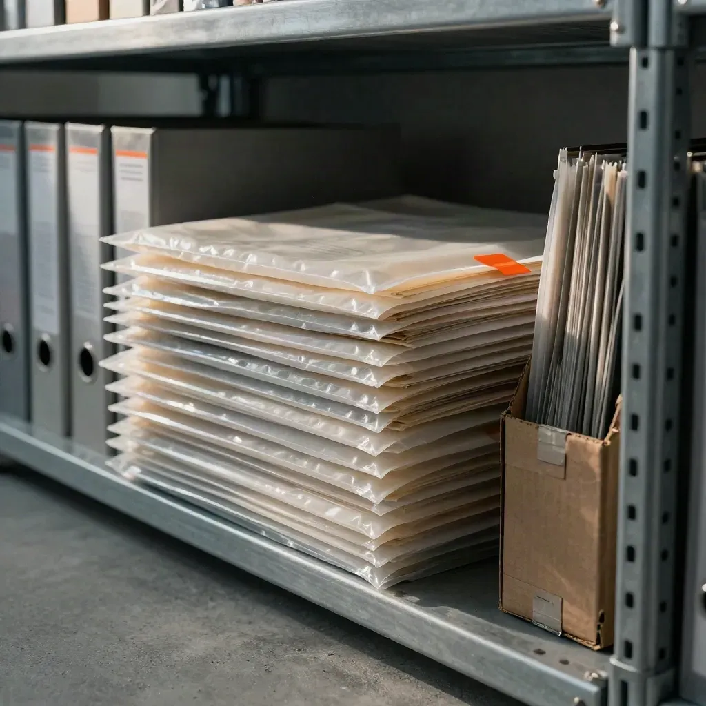 Archive shelves with warranty sleeves, claim packets, and boxed components in dusty late-afternoon light.