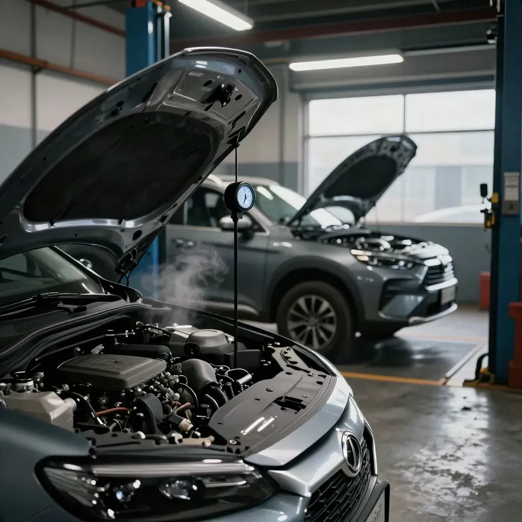 CrossOver in a lift bay with hood open, timer on post, steam rising under inspection lights.