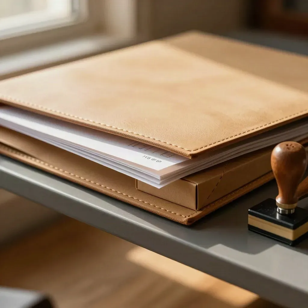 Tan warranty folder, receipt sleeves, part box and rubber stamp on a shelf in warm window light.