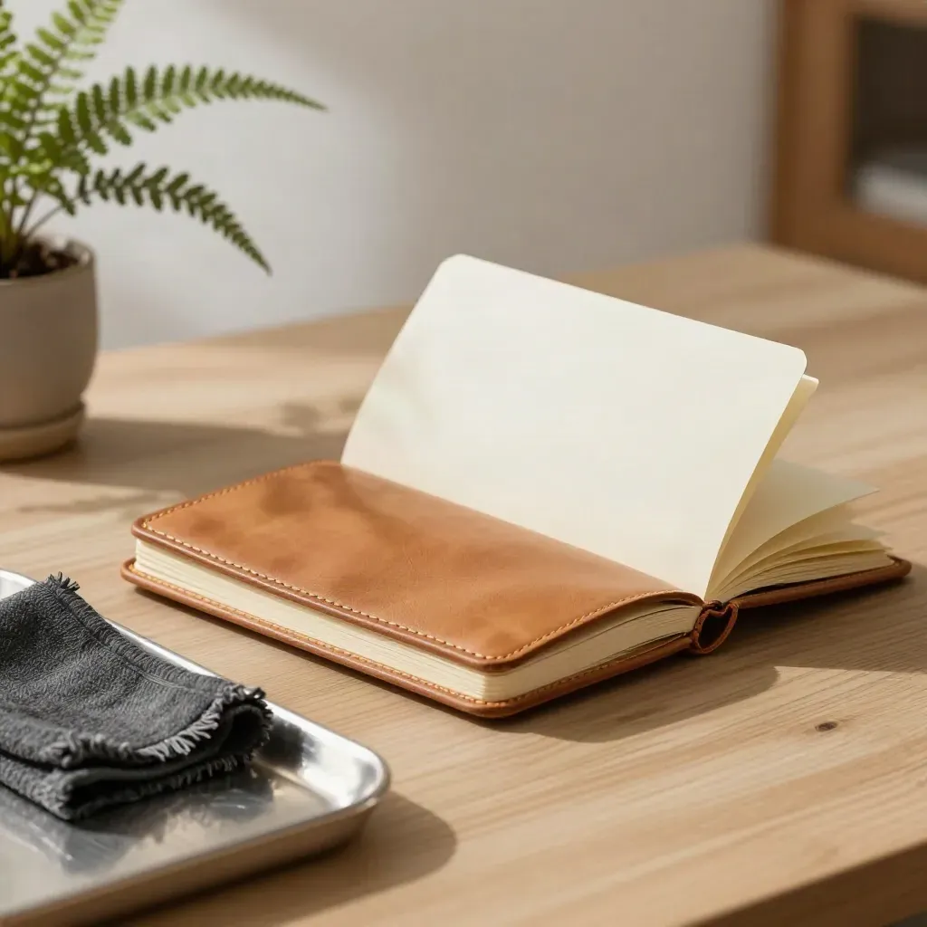 Open leather engine service notebook with rag, fern, and ceramic tray on pale wood in soft daylight.