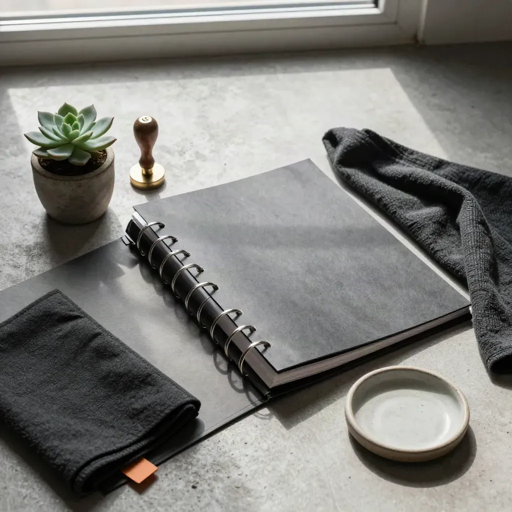 Overhead flatlay of a ring binder, brass stamp, succulent, cloth, and dish on pale concrete.